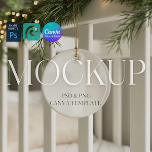Christmas Ornament Mockup, Round Ceramic Ornament Mock Up in Baby Nursery, POD Ornament with Gold String, Photoshop Photopea PSD, Canva PNG