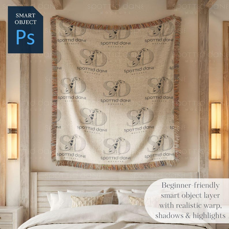Woven Blanket Mockup, Woven Throw Blanket Mock Up, Print on Demand Woven Blanket Mockup, Photoshop Smart Object PSD, Canva Drag & Drop PNG image 5
