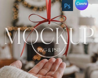 Christmas Ornament Mockup Clear Glass Ornament Mock Up Round Acrylic Ornament Mockup Circle Ornament, Photoshop Smart Object PSD, Canva PNG