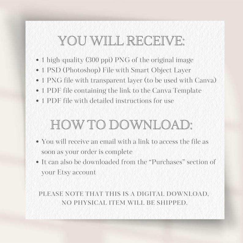 K&ouml;nnte beinhalten: Ein wei&szlig;es Textdokument mit dem Titel "You Will Receive" und "How To Download" mit einer Liste der digitalen Dateien, die im Kauf enthalten sind. Das Dokument enth&auml;lt auch den Text "Bitte beachten Sie, dass dies ein digitaler Download ist, es wird kein physischer Artikel versandt."