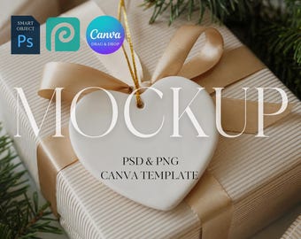 Heart Ornament Mockup, Ceramic Ornament Mock Up, Print on Demand Hanging Christmas Ornament Mockup, Photoshop Smart Object PSD, Canva PNG