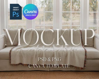 Woven Blanket Mockup, Woven Throw Blanket Mock Up, Print on Demand Woven Blanket Mockup, Photoshop Smart Object PSD, Canva Drag & Drop PNG