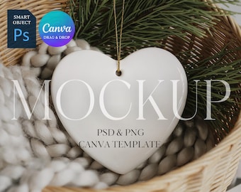 Heart Ornament Mockup, Ceramic Ornament Mock Up, Print on Demand Hanging Christmas Ornament Mockup, Photoshop Smart Object PSD, Canva PNG