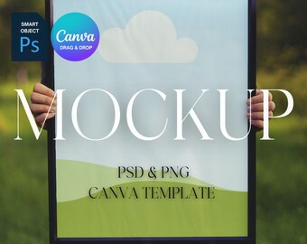 Person Holding Frame Mockup, Wall Art Mock Up, Framed Photo Mockup, Framed Poster, Black Frame Mockup, Photoshop Smart Object PSD, Canva PNG
