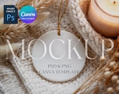 Christmas Ornament Mockup, Round Ceramic Ornament Mock Up, Print on Demand Ornament with Gold String, Photoshop Smart Object PSD, Canva PNG