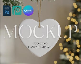 Heart Ornament Mockup, Ceramic Ornament Mock Up, Print on Demand Hanging Christmas Ornament Mockup, Photoshop Smart Object PSD, Canva PNG