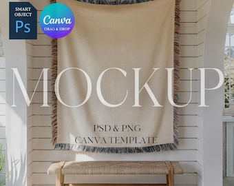 Woven Blanket Mockup With Black and White Fringe, Print on Demand Woven Throw Blanket Mock Up, Photoshop Smart Object PSD, Canva Drag & Drop