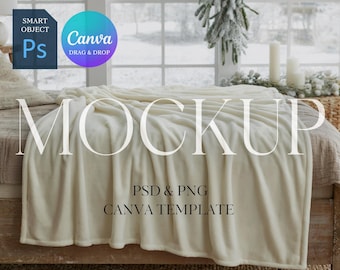 May include: A cream-colored blanket draped over a bed, with the word "MOCKUP" in large letters across the front. The image includes text that says "PSD & PNG CANVA TEMPLATE" and logos for "Smart Object Ps" and "Canva Drag & Drop".