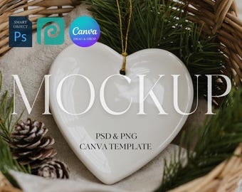 Heart Ornament Mockup, Ceramic Ornament Mock Up, Print on Demand Hanging Christmas Ornament Mockup, Photoshop Smart Object PSD, Canva PNG