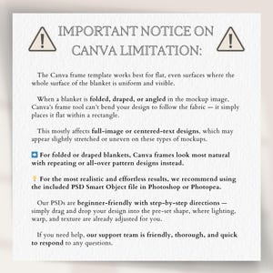The image is a canvas limitation notice that provides information about the Canva frame template and its limitations on how it can be used for different types of designs.