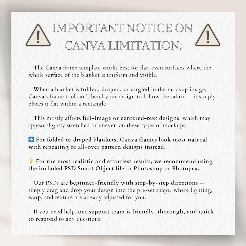 The image is a canvas limitation notice that provides information about the Canva frame template and its limitations on how it can be used for different types of designs.