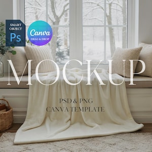 May include: A cream-colored blanket draped over a window seat, with pillows and a snowy outdoor view. The word "MOCKUP" is displayed in large letters. The image also includes the text "PSD & PNG CANVA TEMPLATE".