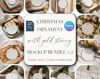 Christmas Ornament Mockup Bundle 3, Round Ceramic Ornament Mock Up, Print on Demand Ornament with Gold String, Holiday Mockups PSD Canva PNG