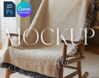 Woven Blanket Mockup With Black and White Fringe, Print on Demand Woven Throw Blanket Mock Up, Photoshop Smart Object PSD, Canva Drag & Drop