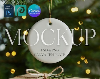 Christmas Ornament Mockup, Round Ceramic Ornament Mock Up, Print on Demand Ornament with Gold String, Photoshop Smart Object PSD, Canva PNG