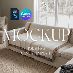 Woven Blanket Mockup, Woven Throw Blanket Mock Up, Print on Demand Woven Blanket Mockup, Photoshop Smart Object PSD, Canva Drag & Drop PNG