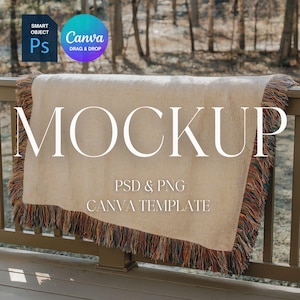 Woven Blanket Mockup, Woven Throw Blanket Mock Up, Print on Demand Woven Blanket Mockup, Photoshop Smart Object PSD, Canva Drag & Drop PNG