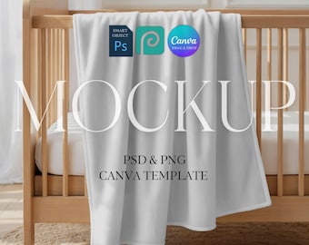 Baby Blanket Mockup, Nursery Velveteen Blanket Mock Up, POD Printify Minky Plush Blanket Mockup, Photoshop Smart Object PSD, Canva Template