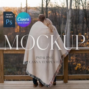 May include: A beige blanket with fringed edges, draped over a couple on a wooden deck. The word "MOCKUP" is displayed in large, white letters. The image also includes the text "PSD & PNG CANVA TEMPLATE".