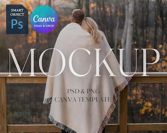 Mockup di coperta tessuta autunnale, mockup di coperta tessuta per coppia, mockup di stile di vita autunnale, mockup di coperta in formato Photoshop PSD su Canva per venditore POD