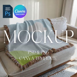 Woven Blanket Mockup, Woven Throw Blanket Mock Up, Print on Demand Woven Blanket Mockup, Photoshop Smart Object PSD, Canva Drag & Drop PNG