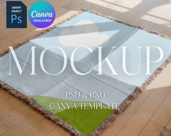 Woven Blanket Mockup, Woven Throw Blanket Mock Up, Print on Demand Woven Blanket Mockup, Photoshop Smart Object PSD, Canva Drag & Drop PNG