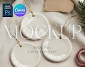 Christmas Ornament Mockup, THREE Round Ceramic Ornaments Mock Up Print on Demand Ornament with Gold String, Photoshop Smart Object PSD Canva
