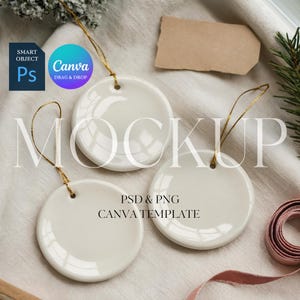 Christmas Ornament Mockup, THREE Round Ceramic Ornaments Mock Up Print on Demand Ornament with Gold String, Photoshop Smart Object PSD Canva