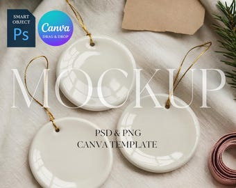 Christmas Ornament Mockup, THREE Round Ceramic Ornaments Mock Up Print on Demand Ornament with Gold String, Photoshop Smart Object PSD Canva