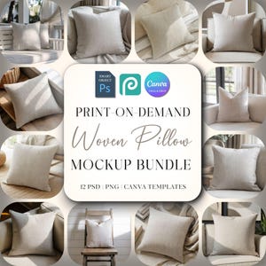 Lot de 1 maquette d'oreiller tissé, impression à la demande Maquette d'oreiller tissé Photoshop Photopea Objet intelligent PSD Canva Drag & Drop