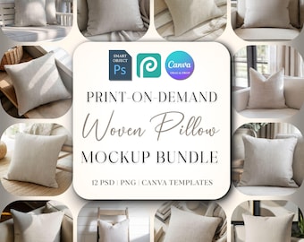 Woven Pillow Mockup Bundle 1, Throw Pillow Mock Up, Print on Demand Woven Pillow Mocks Photoshop Photopea Smart Object PSD Canva Drag & Drop