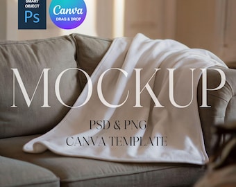 Blanket Mockup, White Minky Blanket Mock Up, POD Printify Velveteen Plush Blanket Mockup, Photoshop Smart Object PSD, Canva Drag & Drop PNG