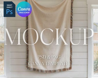 Mockup di coperta tessuta, Mockup di coperta tessuta, Mockup di coperta tessuta stampabile su richiesta, Oggetto avanzato Photoshop PSD, Canva Drag & Drop PNG