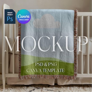 Baby Woven Blanket Mockup, Kids Woven Throw Blanket Mock Up, Nursery Woven Blanket Mockup, Photoshop Smart Object PSD, Canva Drag & Drop PNG image 1