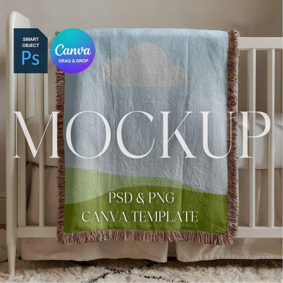 Baby Woven Blanket Mockup, Kids Woven Throw Blanket Mock Up, Nursery Woven Blanket Mockup, Photoshop Smart Object PSD, Canva Drag & Drop PNG