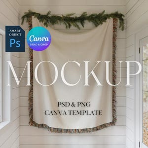May include: A cream-coloured blanket with a fringed edge is displayed as a mockup. The word "MOCKUP" is prominently displayed in large, white letters. The image includes a "Canva" logo and text, along with "PSD & PNG CANVA TEMPLATE".