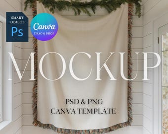 Christmas Woven Blanket Mockup, Woven Throw Blanket Mock Up, Printify Woven Blanket Mockup, Photoshop Smart Object PSD Canva Drag & Drop PNG
