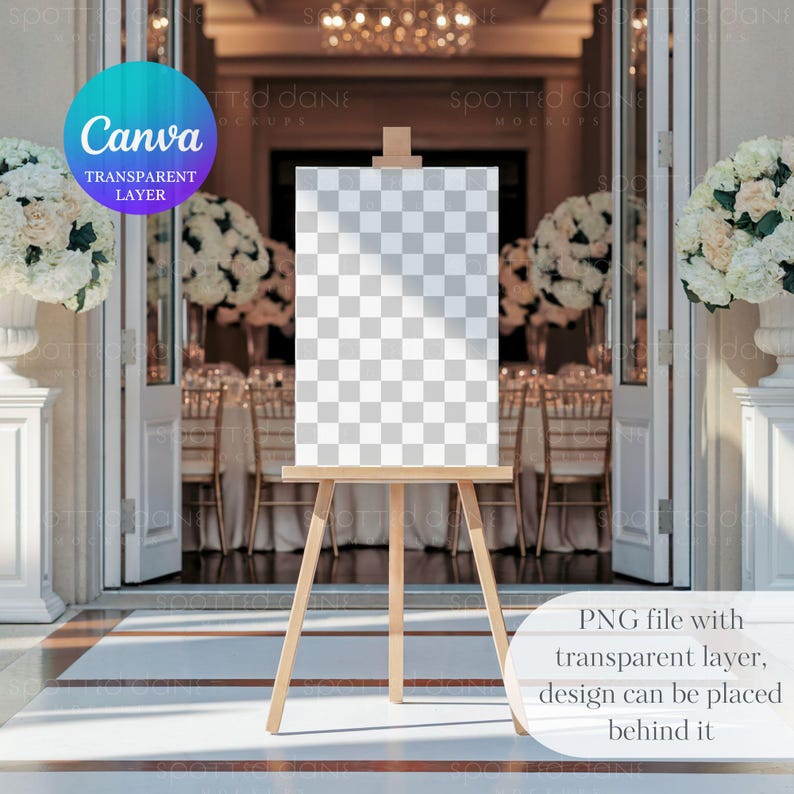 May include: A blank white canvas on an easel, standing in front of a doorway with white floral arrangements on either side. The canvas is ready for a design or message.