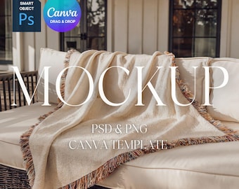 Mockup di coperta tessuta, Mockup di coperta tessuta, Mockup di coperta tessuta stampabile su richiesta, Oggetto avanzato Photoshop PSD, Canva Drag & Drop PNG