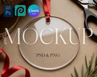 Christmas Ornament Mockup, Clear Acrylic Ornament with Red Ribbon, Round Glass Circle Ornament Mockup for Photopea & Photoshop PSD Canva PNG
