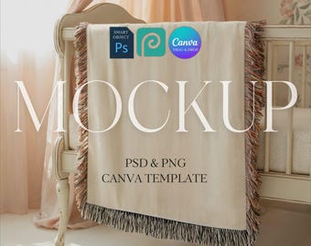 Woven Blanket Mockup in Pink Baby Girl Nursery, Kids Woven Throw Blanket Mock Up, Works with Photopea & Photoshop PSD, Canva Template PNG