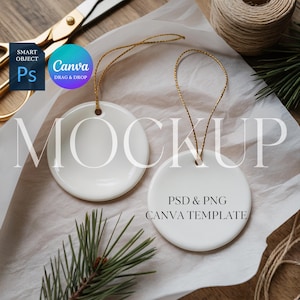 Christmas Ornament Mockup, TWO Round Ceramic Ornaments Mock Up, Print on Demand Ornament with Gold String, Photoshop Smart Object PSD Canva
