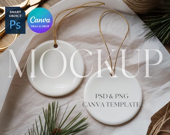 Christmas Ornament Mockup, TWO Round Ceramic Ornaments Mock Up, Print on Demand Ornament with Gold String, Photoshop Smart Object PSD Canva