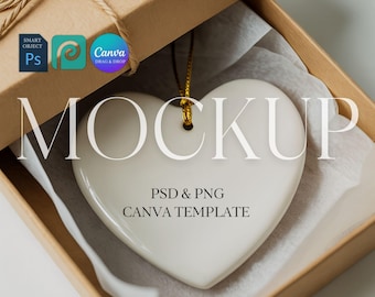 Heart Ornament Mockup, Ceramic Ornament Mock Up, Print on Demand Hanging Christmas Ornament Mockup, Photoshop Smart Object PSD, Canva PNG