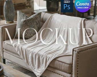 Blanket Mockup, White Minky Blanket Mock Up, POD Printify Velveteen Plush Blanket Mockup, Photoshop Smart Object PSD, Canva Drag & Drop PNG