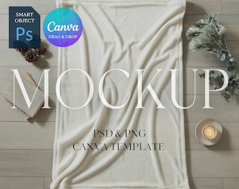Christmas Blanket Mockup, Printify Velveteen Plush Blanket, White Minky Fleece Blanket Mock Up, Photoshop Smart Object PSD Canva Drag & Drop