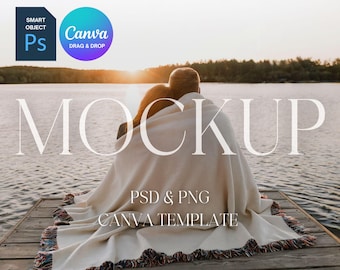 Couple Woven Blanket Mockup, Woven Throw Blanket Mock Up, Print on Demand Woven Blanket Mockup, Photoshop Smart Object PSD Canva Drag & Drop