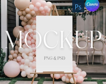 Baby Shower Sign Mockup for Girl Welcome Sign Mock Up Pink Balloons Easel Sign Mockup Vertical Poster Photoshop Smart Object PSD, Canva PNG