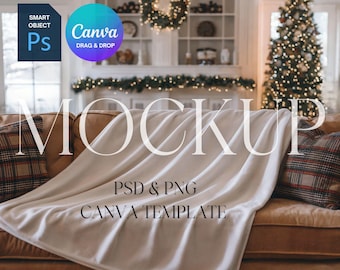 Christmas Blanket Mockup, White Minky Blanket Mock Up, Printify Velveteen Plush Blanket, Photoshop Smart Object PSD, Canva Drag & Drop PNG
