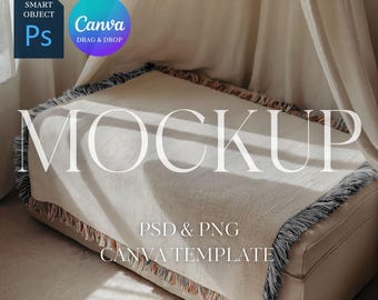 Woven Blanket Mockup With Black and White Fringe, Print on Demand Woven Throw Blanket Mock Up, Photoshop Smart Object PSD, Canva Drag & Drop